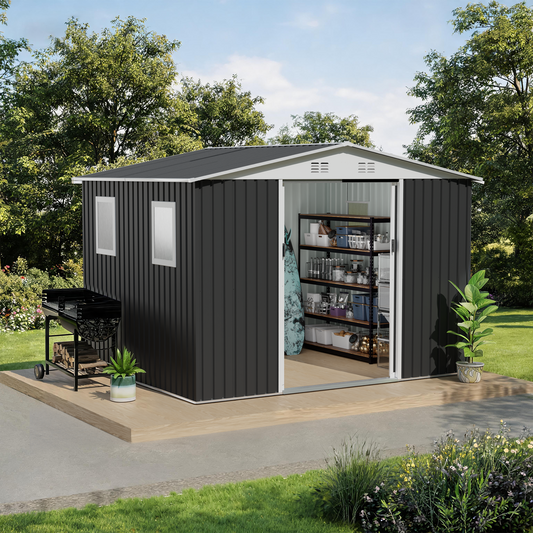10x8 FT Metal Garden Shed With Sliding Door 4 Windows design Apex Roof Storage Shed