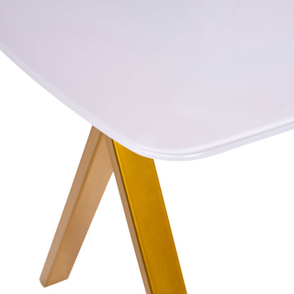 Rectangular dining table featuring a tempered glass tabletop with a marble-patterned design and golden metal legs, ideal for restaurant dining settings.