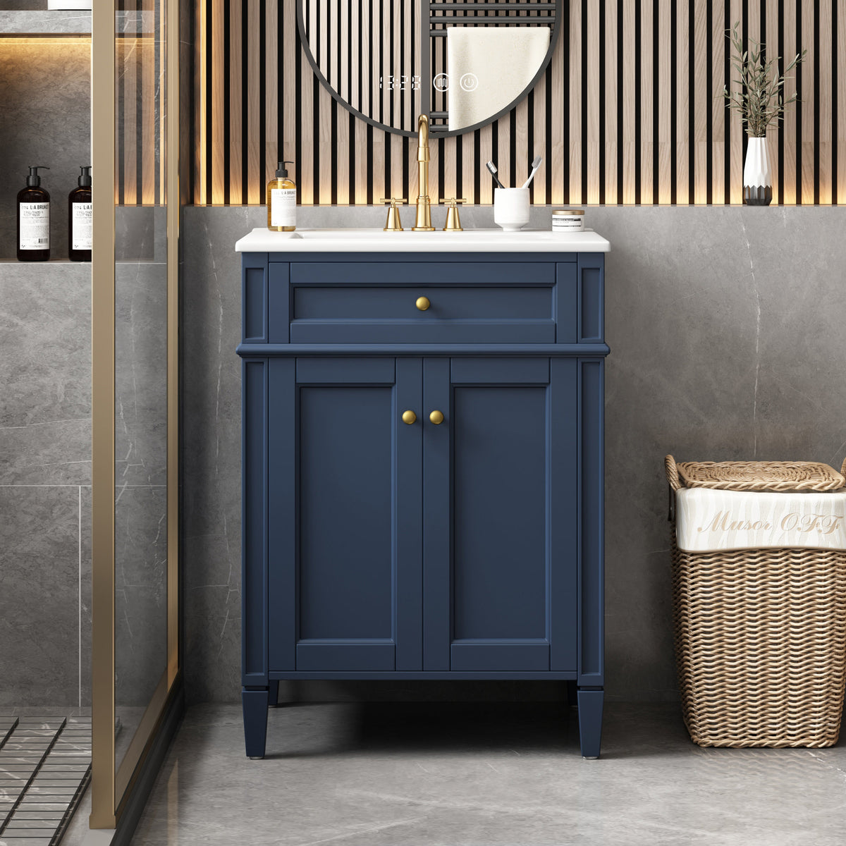 Modern Blue Bathroom Vanity with 2 Doors and Tip-Out Drawer, Ceramic Sink, Soft-Closing Hinges, Solid Wood Frame, 24'