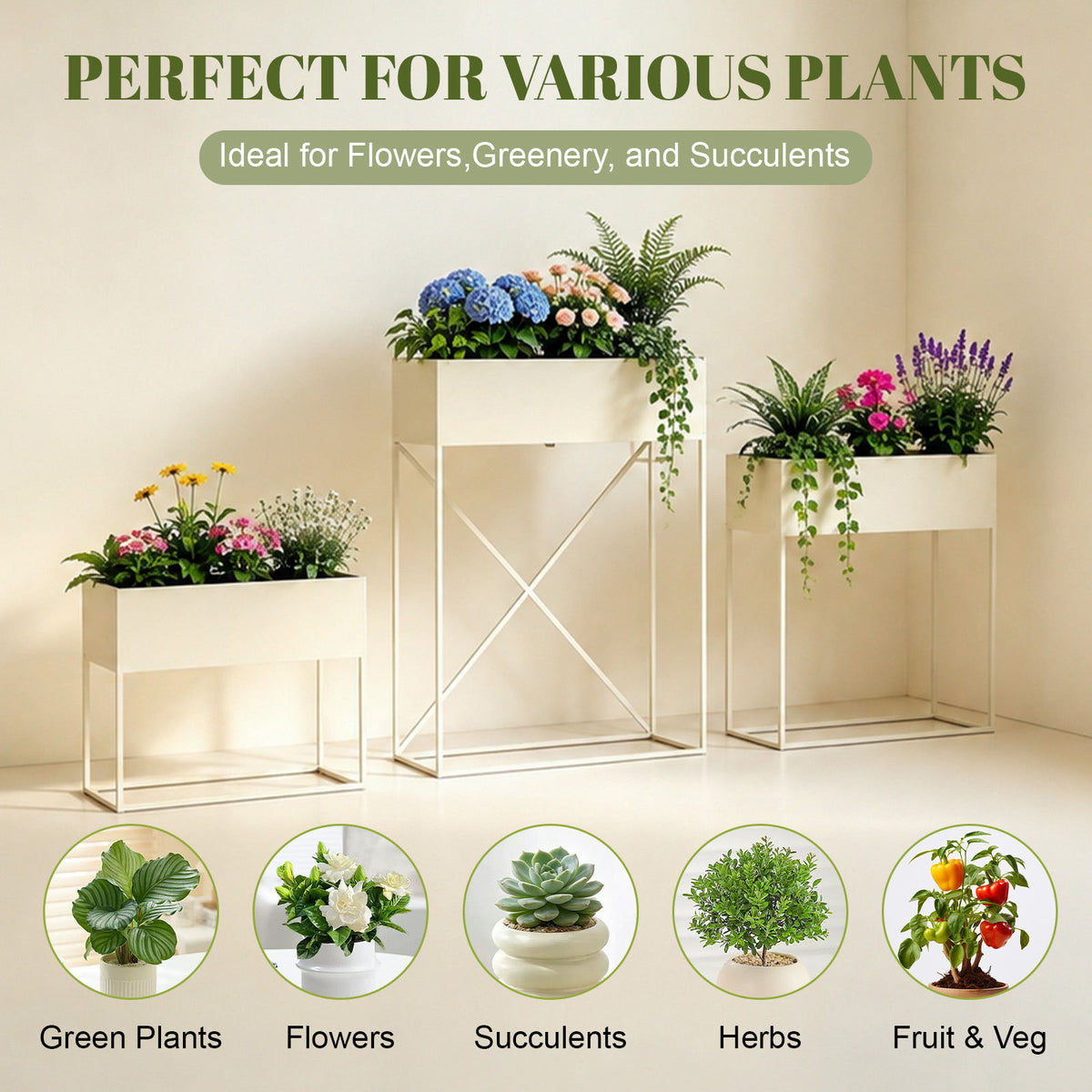 3‑Pack Pre‑Assembled Beige Metal Elevated Planter Stand with Non‑Woven Liner, UV‑Resistant Rectangular Raised Herb Flower Planter Box for Patio Balcony Indoor Outdoor