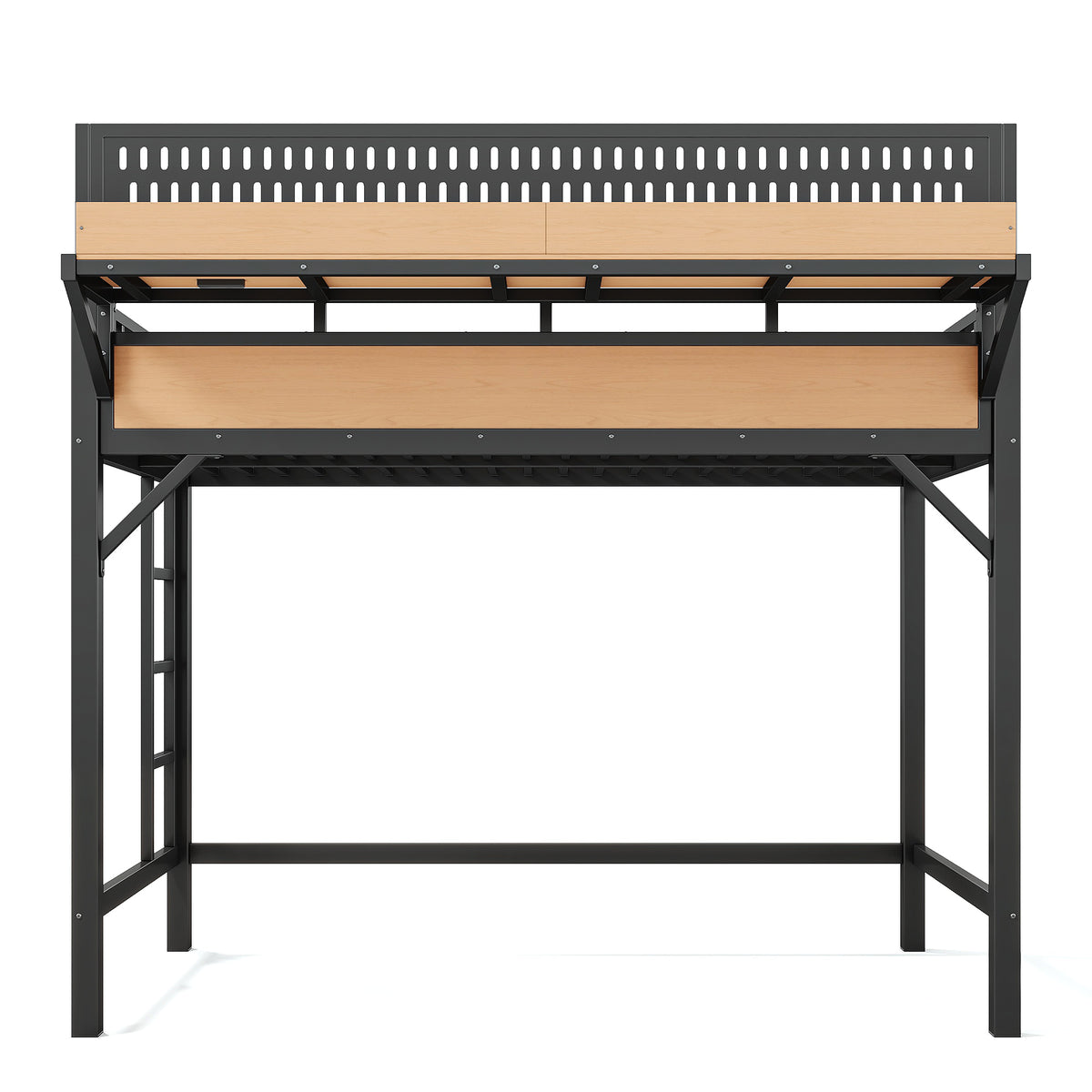Twin XL size Loft Bed Frame with Storage Shelves and Pegboard, Metal Loft Bed with USB Ports and LED Lights, Safe and Sturdy, Natural