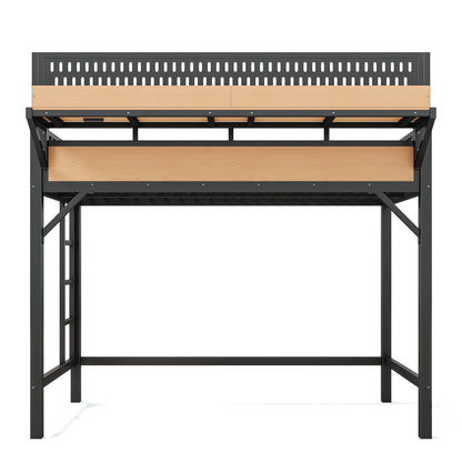 Twin XL size Loft Bed Frame with Storage Shelves and Pegboard, Metal Loft Bed with USB Ports and LED Lights, Safe and Sturdy, Natural