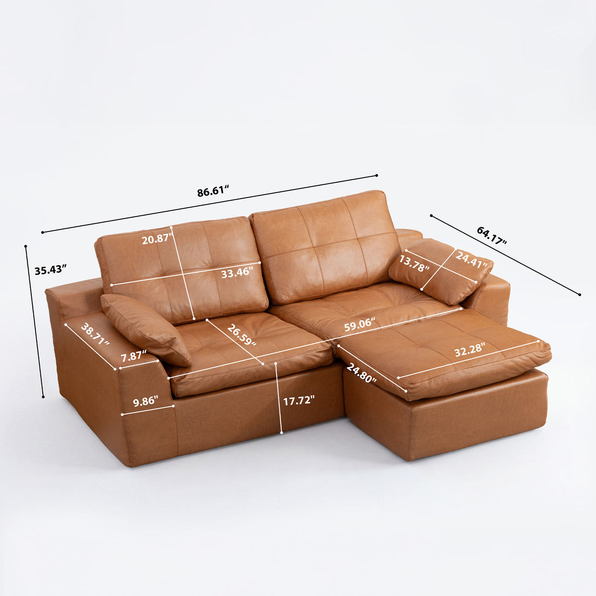 Faux Leather L-Shaped Sectional Sofa with Movable Ottoman High Density Compressed Sponge Modular 2-Seater Upholstered Couch with Throw Pillows for Living Room Hotel Apartment