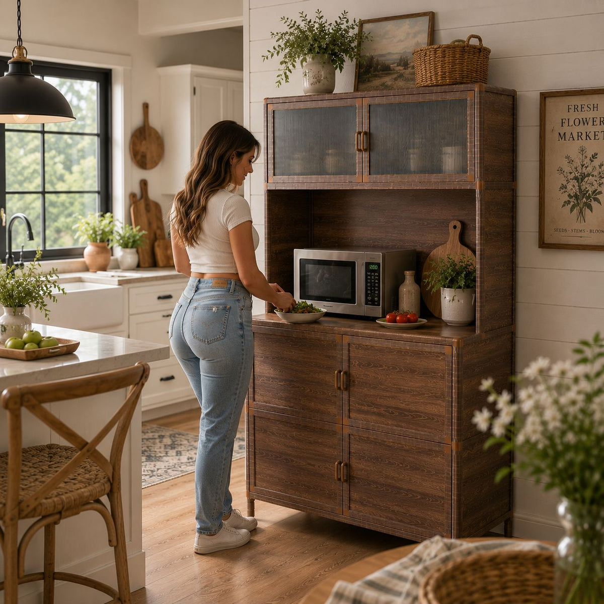 Tall Storage Cabinet, 31.50" W x 19.69" D x 65.75" H, Freestanding Indoor & Outdoor Storage Cabinet with Ribbed Acrylic Doors, 6-Door Utility Cabinet for Kitchen, Entryway, Patio & Garage