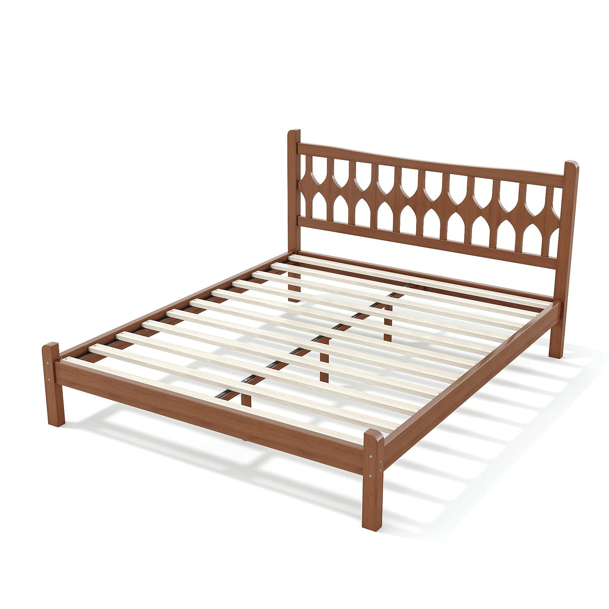 Queen Size Bamboo Platform Bed with Diamond-shaped headboard, Solid Bamboo-made Bed Frame with Support Slats, for Bedroom, Guest Rooms, Brown
