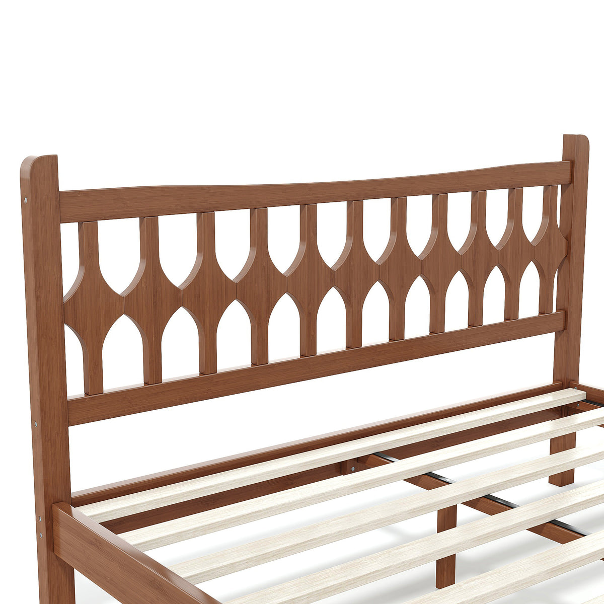Queen Size Bamboo Platform Bed with Diamond-shaped headboard, Solid Bamboo-made Bed Frame with Support Slats, for Bedroom, Guest Rooms, Brown