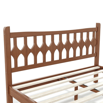 Queen Size Bamboo Platform Bed with Diamond-shaped headboard, Solid Bamboo-made Bed Frame with Support Slats, for Bedroom, Guest Rooms, Brown