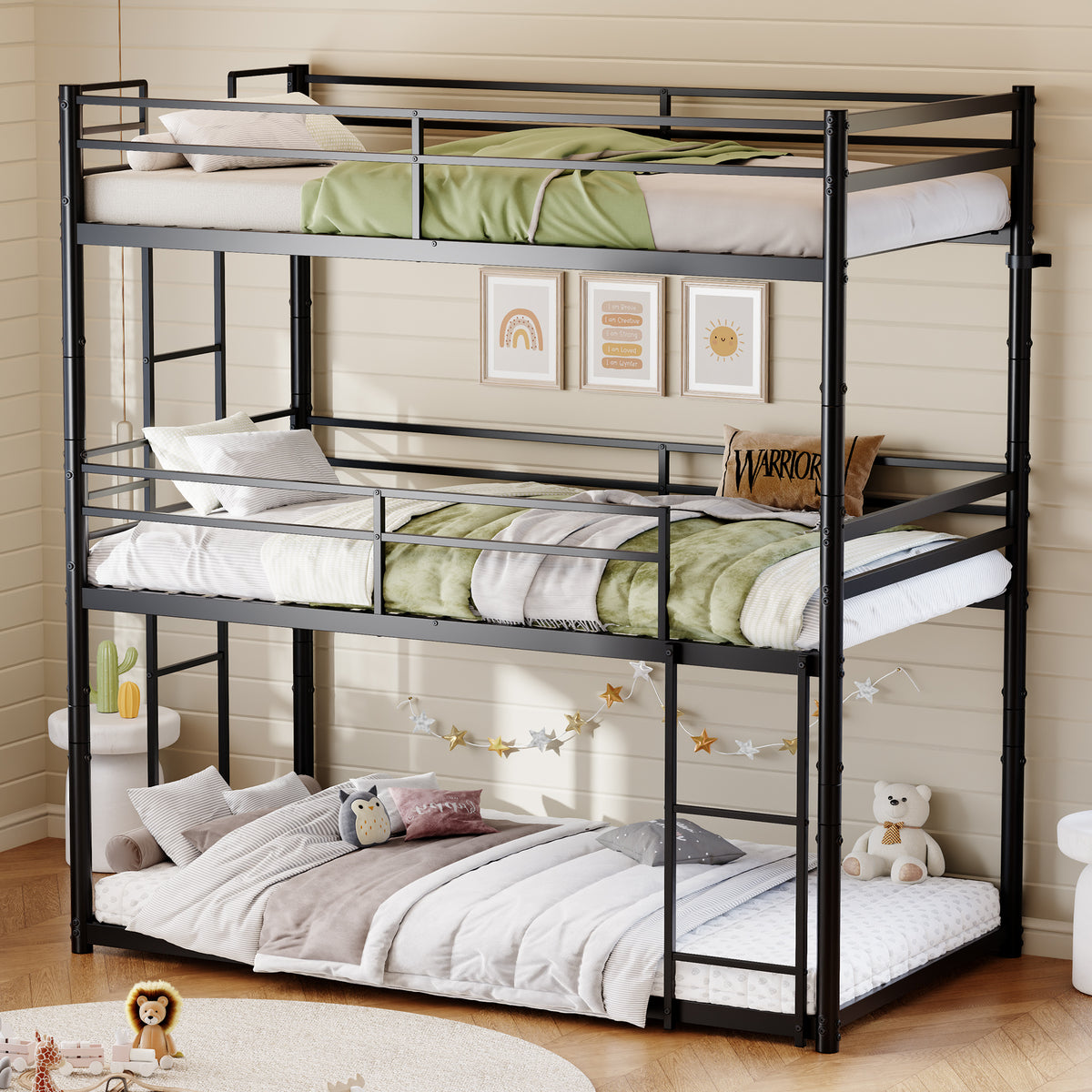 Metal Triple Bunk Bed Twin over Twin over Twin, Heavy Duty 3-in-1 Convertible Metal Bunk Bed Frame with Ladders, Guardrails & Anti-Tip Kit, Space-Saving Bed for Kids, Teens, Adults, No Box Spring Need