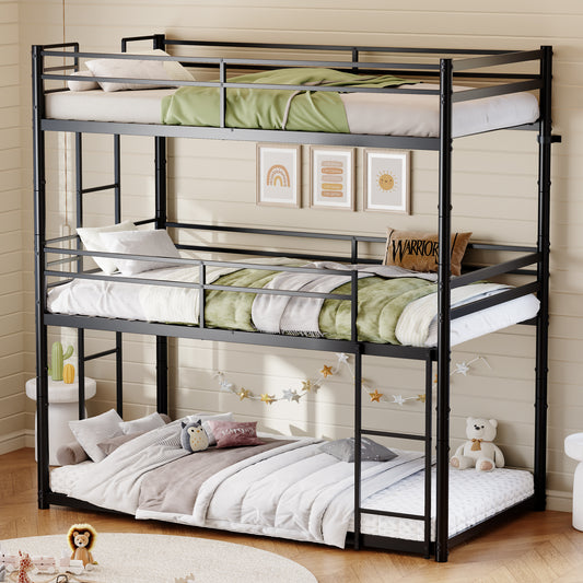 Metal Triple Bunk Bed Twin over Twin over Twin, Heavy Duty 3-in-1 Convertible Metal Bunk Bed Frame with Ladders, Guardrails & Anti-Tip Kit, Space-Saving Bed for Kids, Teens, Adults, No Box Spring Need