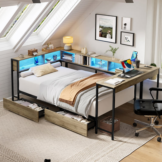 Corner Bed Frame Twin Size with Bookcase and 2 Underbed Storage Drawers, Modern Twin Bed with LED Light and Charging Station, Grey