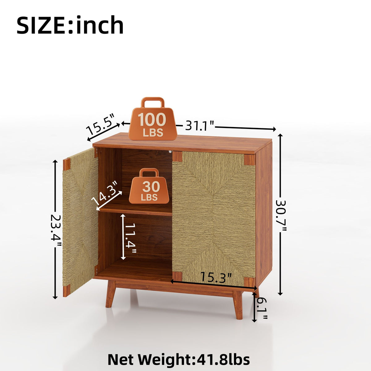 Mid Century Boho Freestanding Accent Cabinet, Handmade Paper Rope Woven Push-to-Open Double Doors, , Adjustable  Shelf, Sideboard Storage Cabinet for Kitchen Entryway  Living Room