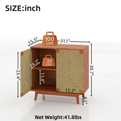 Mid Century Boho Freestanding Accent Cabinet, Handmade Paper Rope Woven Push-to-Open Double Doors, , Adjustable  Shelf, Sideboard Storage Cabinet for Kitchen Entryway  Living Room