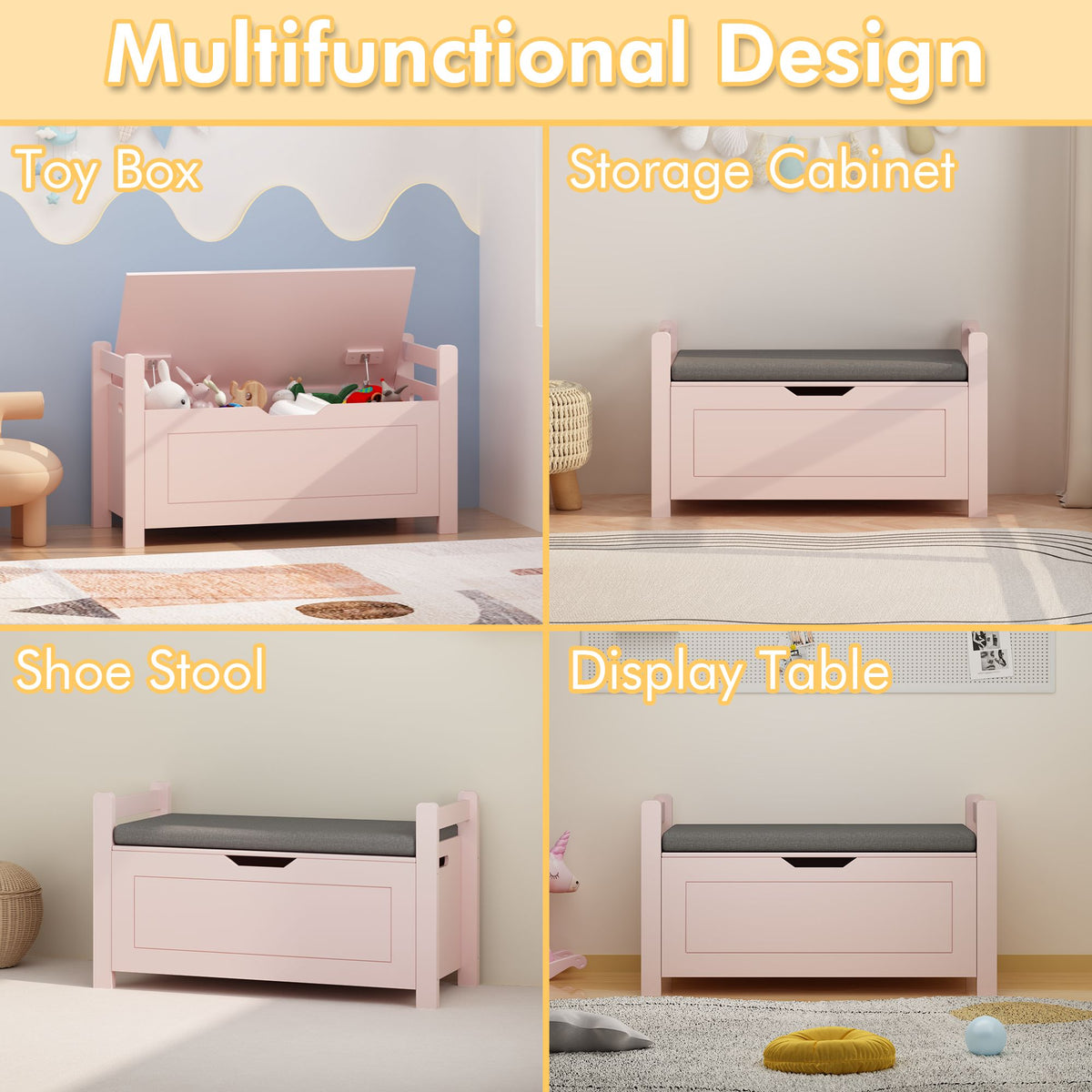Kids Toy Box Chest for Boys Girls, Large Storage Cabinet with Cushion Seat Bench/ Flip-Top Lid/ Safety Hinge, Toy Storage Organizer Trunk for Nursery, Playroom (Pink)