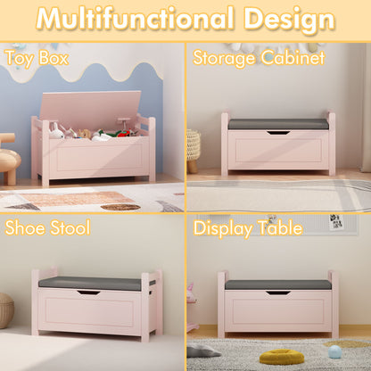 Kids Toy Box Chest for Boys Girls, Large Storage Cabinet with Cushion Seat Bench/ Flip-Top Lid/ Safety Hinge, Toy Storage Organizer Trunk for Nursery, Playroom (Pink)