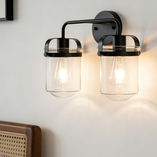 2‑Light Modern Industrial Wall Sconce, Clear Glass Shade, E26 Socket, Bathroom Bedroom Kitchen Sink Lighting, No Bulb