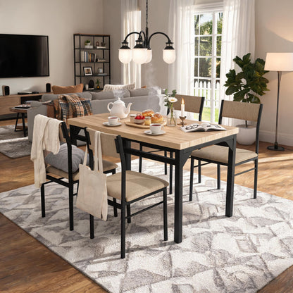 5-Piece Dining Table Set for 4, 47.24" Dining Table with 4 Upholstered Linen-Look Chairs, Black Metal Frames, Modern Kitchen & Dining Room Furniture