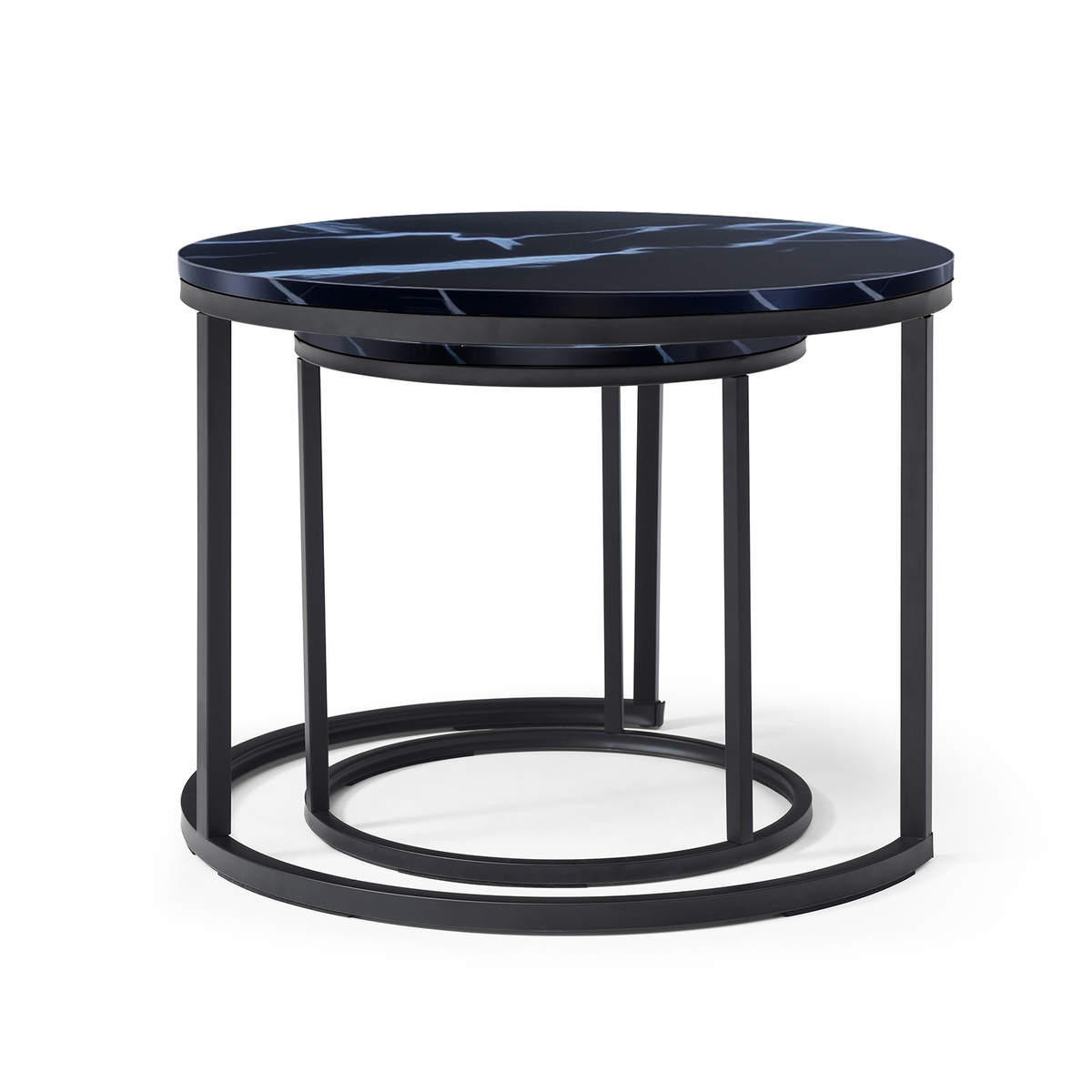 Set 2 Coffee Table Nesting Black top  Black Frame Circular Round and Marble Pattern Wooden Tables, Living Room Bedroom Apartment Modern Industrial Simple Nightstand