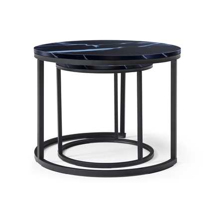 Set 2 Coffee Table Nesting Black top  Black Frame Circular Round and Marble Pattern Wooden Tables, Living Room Bedroom Apartment Modern Industrial Simple Nightstand