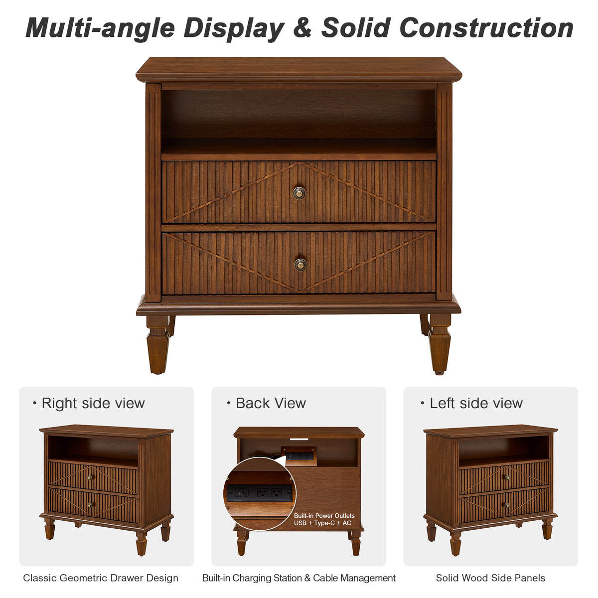 Farmhouse Nightstand with Charging Station, 2-Drawer Engineered Wood Storage Cabinet, Bedside Table for Bedroom