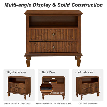 Farmhouse Nightstand with Charging Station, 2-Drawer Engineered Wood Storage Cabinet, Bedside Table for Bedroom