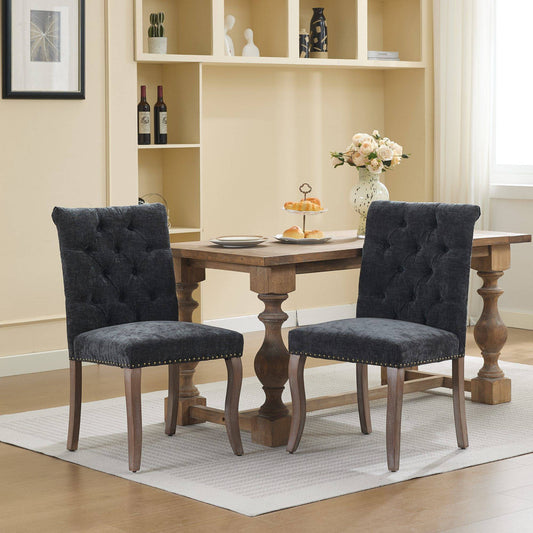 Upholstered Chenille Fabric Accent Dining Chair, Curved Solid Wood Legs, Elegant Tufted Club Dining Room Kitchen Room Dining Chair – Black