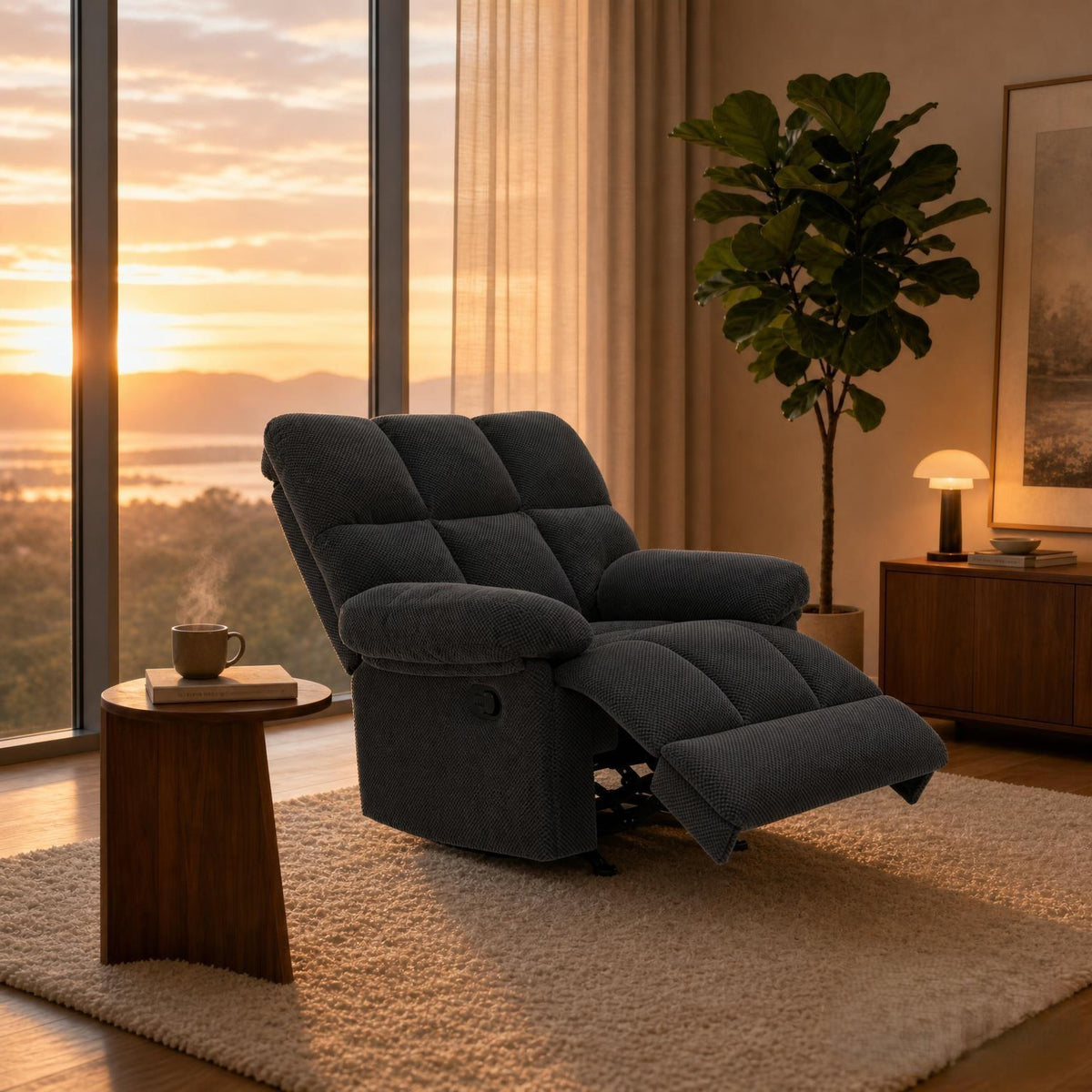 Modern Manual Rocker Recliner Chair with Nubby Upholstery Fabric in Dark Grey, Fabric +Wood and Metal Construction