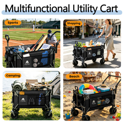 Multi-Functional Push-Pull Folding Wagon Cart with Rotating Handle & 360° All-Terrain Wheels – Heavy-Duty, Adjustable Design, Large Capacity for Transport, Groceries, and Outdoor Use,Black