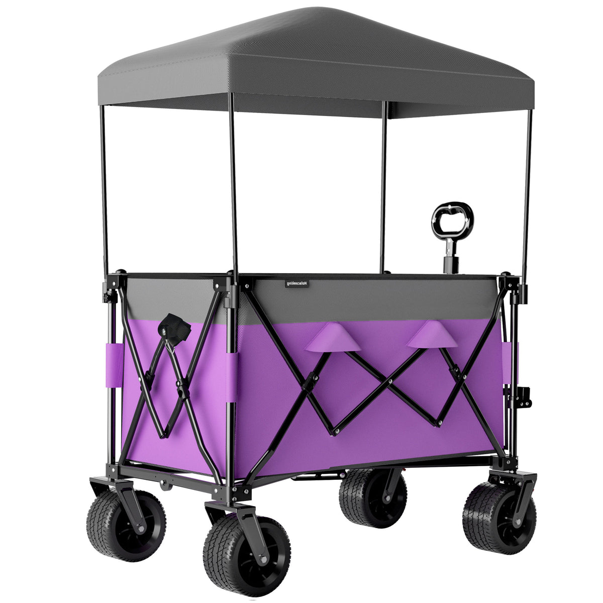 Multi-Functional Pull Folding Wagon Cart with Flexible Handle & Canopy, Heavy Duty Utility Cart with 7"x4" All-Terrain Wheels for Camping, Transport, Groceries, Sports, 520LBS/240L, Purple