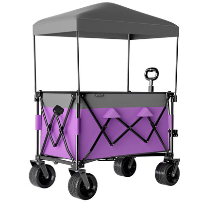 Multi-Functional Pull Folding Wagon Cart with Flexible Handle & Canopy, Heavy Duty Utility Cart with 7"x4" All-Terrain Wheels for Camping, Transport, Groceries, Sports, 520LBS/240L, Purple