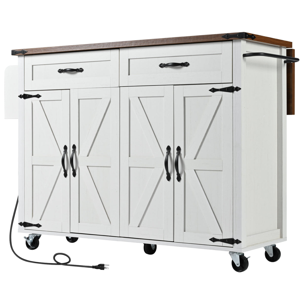 K&K 53.5''Farmhouse Kitchen Island with Power Outlet, Kitchen Storage Island with Drop Leaf, Spice Rack and Drawer