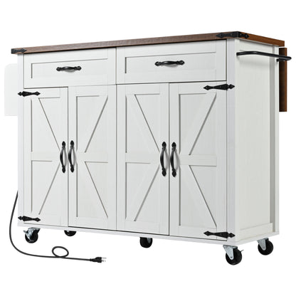 K&K 53.5''Farmhouse Kitchen Island with Power Outlet, Kitchen Storage Island with Drop Leaf, Spice Rack and Drawer