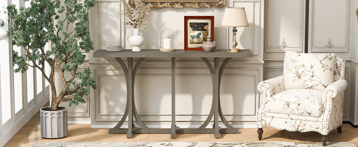 U-Style 59.8'' Wooden Console Table with Oak Veneer Top,Farmhouse Entryway Table with Rubber Wood Slender Curved Legs,Perfect for Living Room,Entryway,Hallway, Dining Spaces.