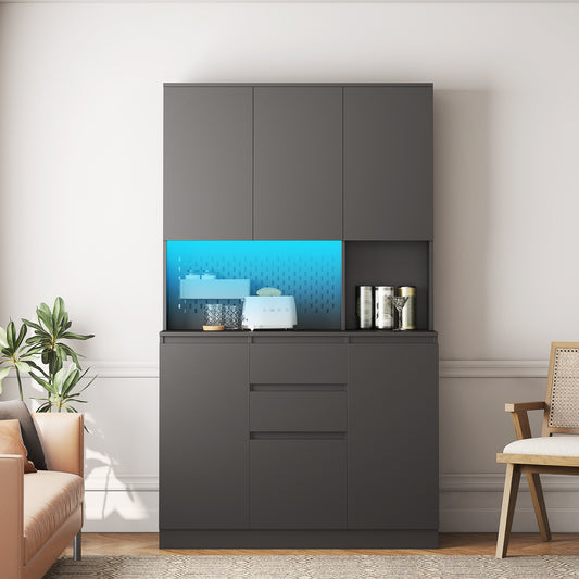 74" Freestanding Kitchen Pantry Cabinet Cupboard with 6 Doors, 3 Shelves and 2 Drawer, Versatile Wardrobe & Kitchen Cabinet - Black