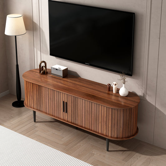 TV Stand, 55' Modern TV Console Table with Storage Compartment and Sliding Door, Gaming Entertainment Center with Cabinet for Living Room, Bedroom, Office (Walnut)