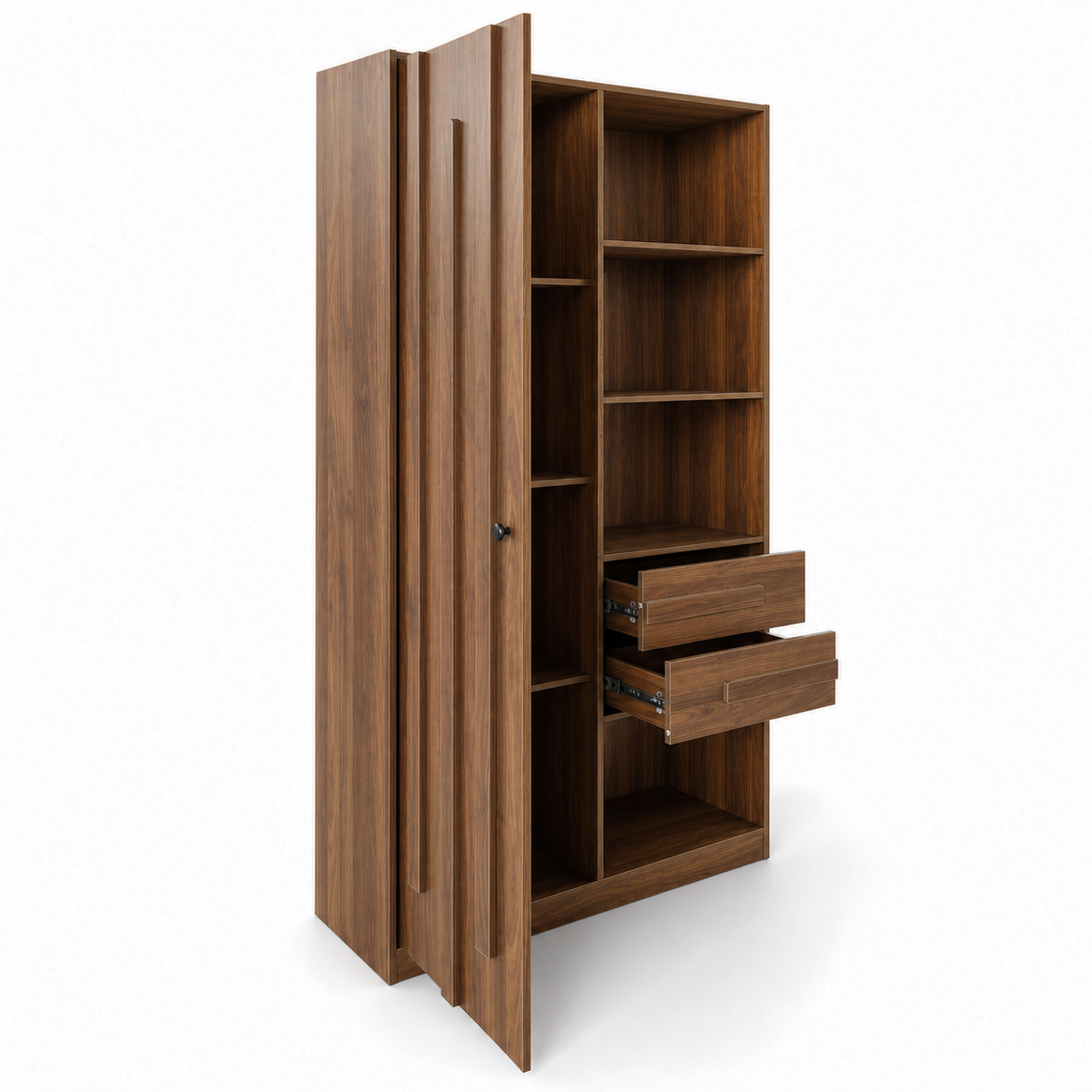 Freestanding Storage Cabinet, Tall cabinet with fluted Door, 2 Drawers & Open Shelves, Multi-Purpose Organizer for Bedroom, Living Room, Entryway