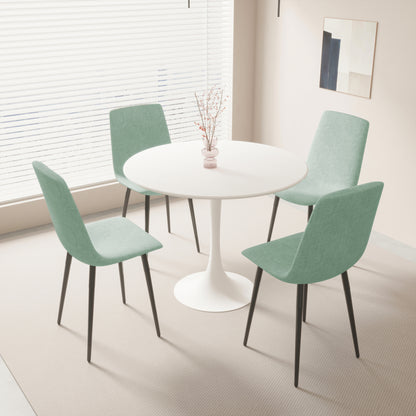 31.5' Round MDF Dining Table Set for 4, White Dining Table MDF Easy Clean with Durable Black Metal Legs, 4 PCS Comfortable Dining Chair Linen Upholstered Chair for Restaurant,Guest Receptions