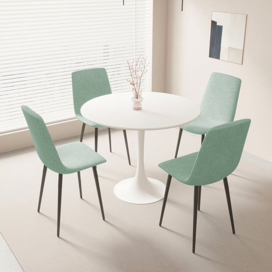 31.5' Round MDF Dining Table Set for 4, White Dining Table MDF Easy Clean with Durable Black Metal Legs, 4 PCS Comfortable Dining Chair Linen Upholstered Chair for Restaurant,Guest Receptions