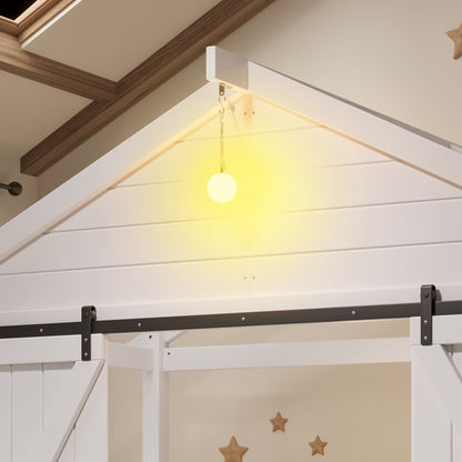 Twin Size Farmhouse Bed with Sliding Barn Door and Light Bulb, Wood house Bed Frame with Stair and Drawers, White