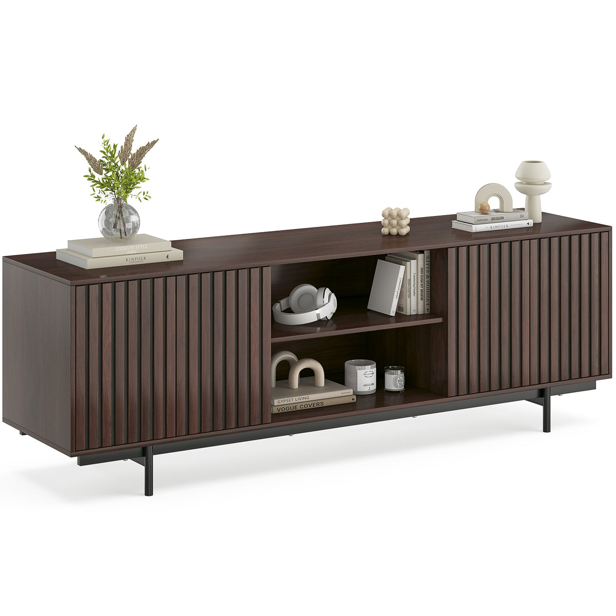 Mid Century Modern TV Stand for TVs Up to 75', Farmhouse Fluted TV Stand, Retro Wood TV Stand with Storage and Shelf, Entertainment Center with Pop-Up Doors for Living Room, Bedroom