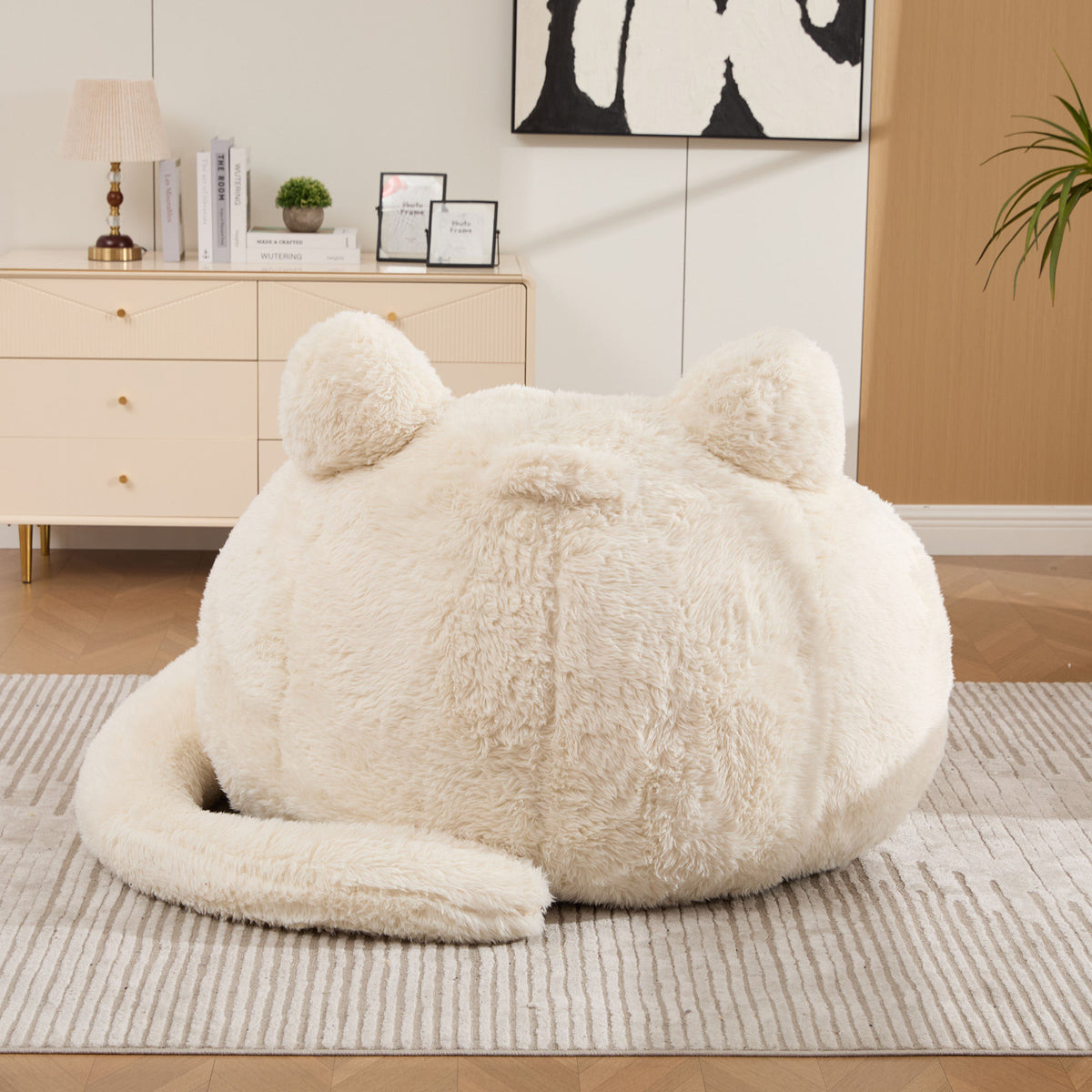41.7'' W Boneless Single Sofa, Faux Fur Large Bean Bag, Cat Shaped with Tail Pillow Fluffy Beanbag, Comfy Accent Floor Chair for Reading, Gaming Nap Lounge in Living Room Bedroom Dorm Apartment, Beige