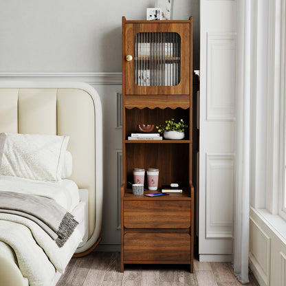 Tall Nightstand with  Glass Door, Mid-Century Modern Bedside Table with Open Shelves and 2 Drawers, Walnut Wood Night Stand & Bookshelf for Bedroom, Living Room