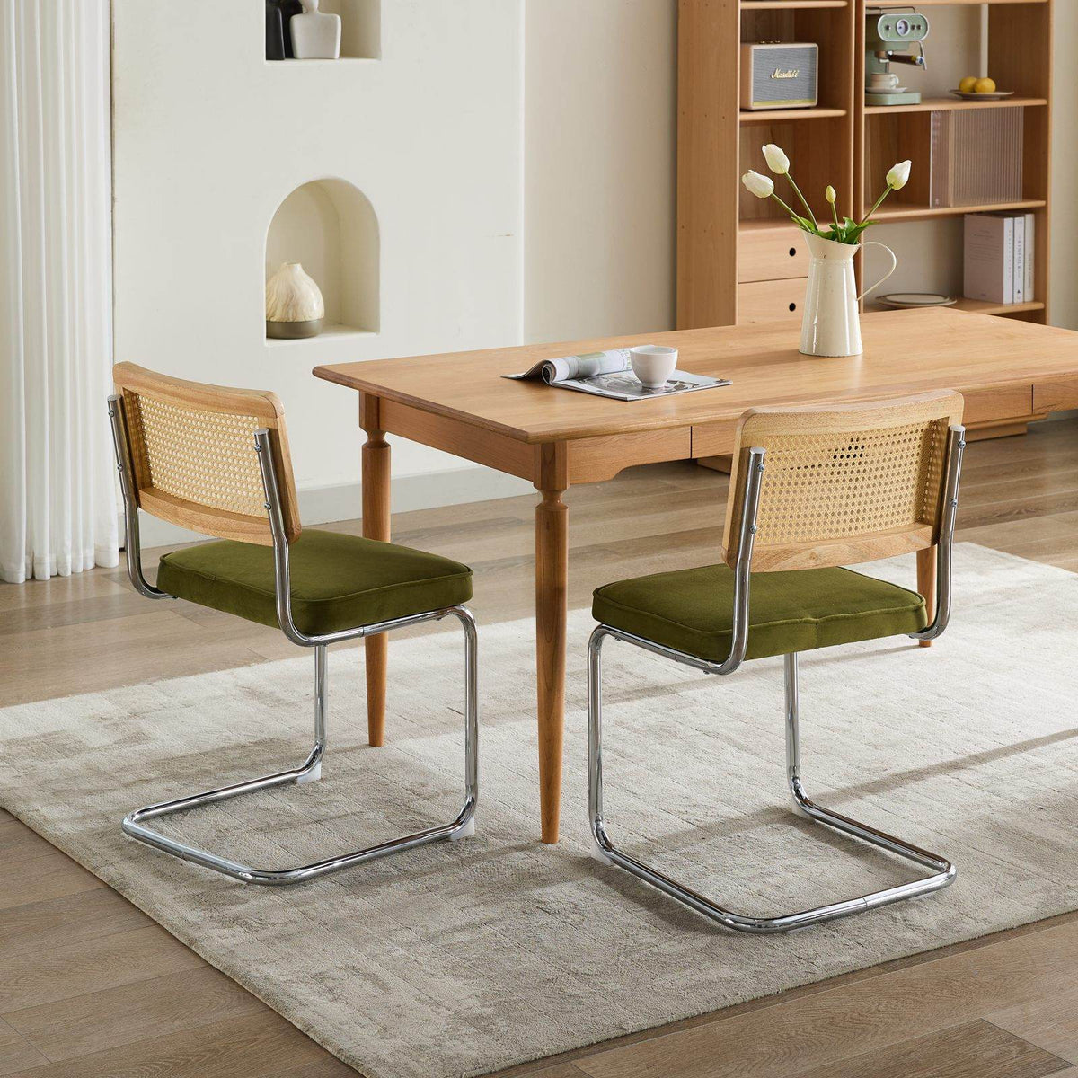 Mid Century Modern Dining Chairs Set of 2, Velvet Accent Chairs with Natural Cane Back & Stainless Chrome Base