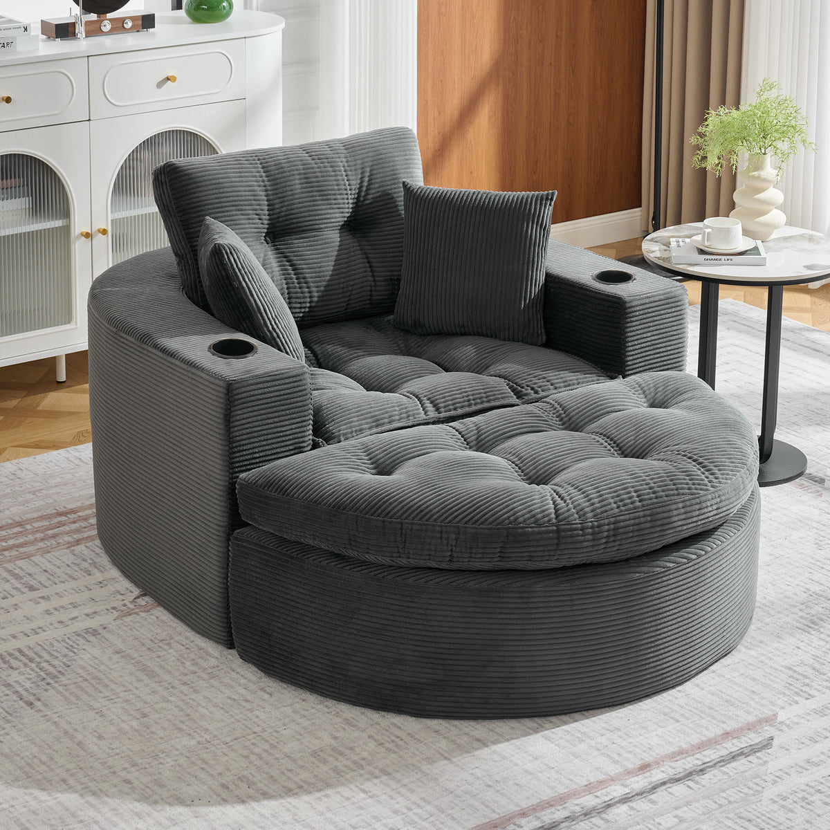 Oversized Dark Gray Round Chaise Lounge Sofa, Upholstered Lounge Chair with 3 Pillows, Boneless Sofa Couch with Ottoman, Deep Seat Chair for Living Room, Bedroom, No Assembly