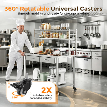 Stainless Steel Table with Shelves and Drawer, Stainless Steel Work Table with Overshelves, Adjustable Shelf and Hooks, Kitchen Prep Table for Commercial Kitchen, Restaurant and Garage
