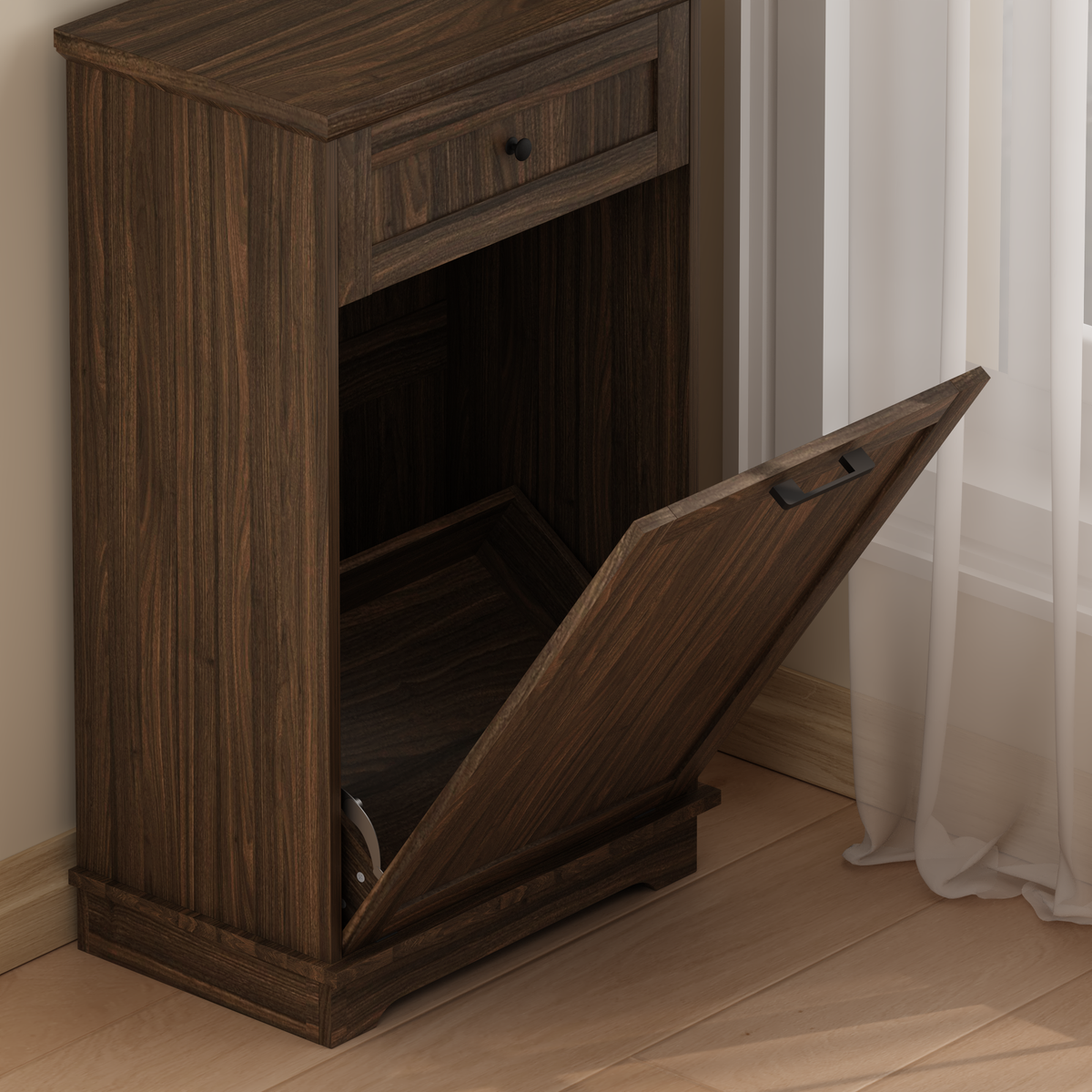 10 Gallon Tilt Out Trash Cabinet Freestanding Trash Bin Cabinet Wood Garbage Recycling Cabinet with Hideaway Drawer Pet Proof Trash Can Holder for Kitchen Living Room, Antique Brown (not include can)