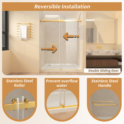 Frameless Sliding Glass Shower Doors 56-60" Width x 76"Height with 3/8"(10mm) Clear Tempered Glass, Brushed Gold