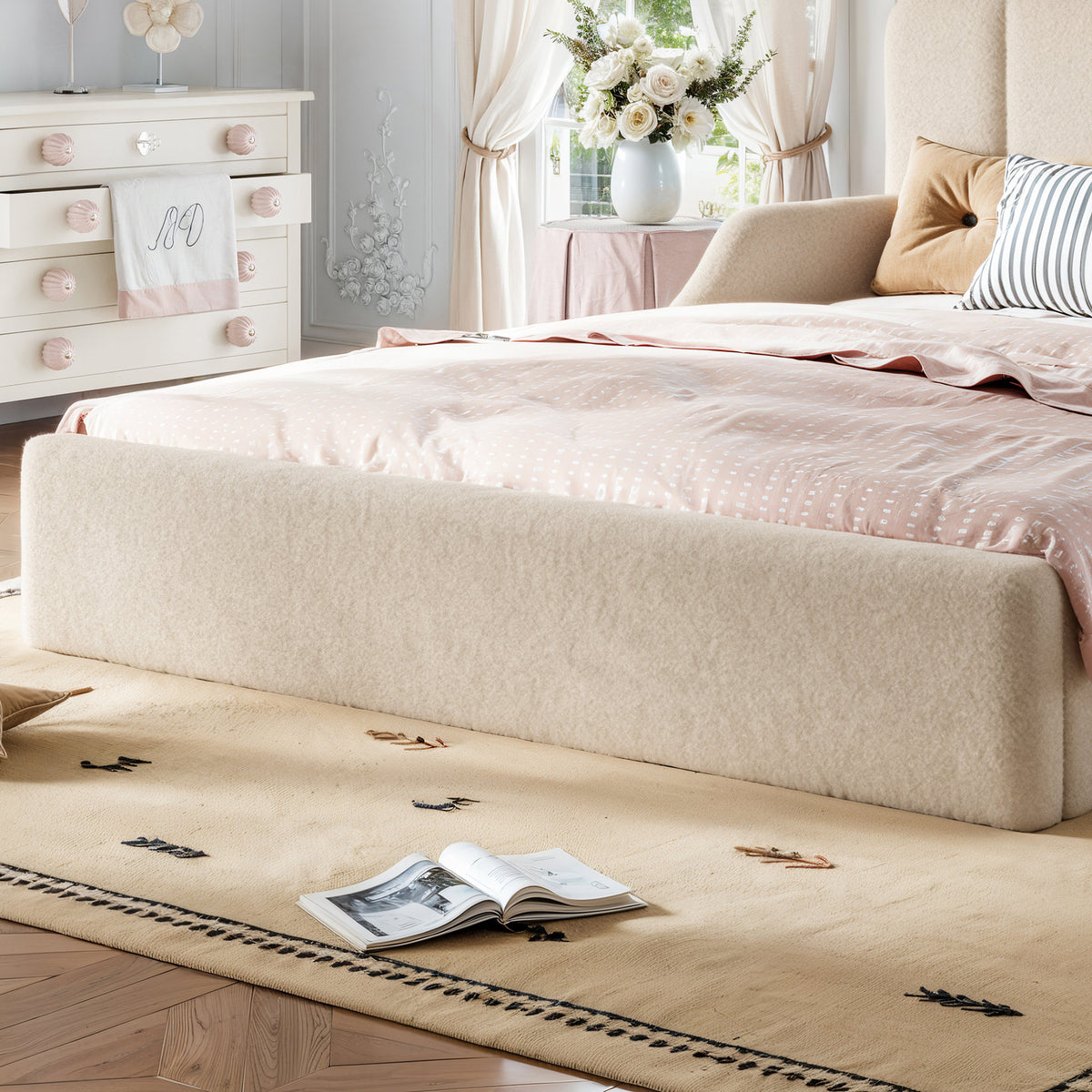 Queen Teddy Fabric Upholstered Floor bed, Stylish Upholstered Kids bed, Low Profile Children Bed Frame, Soft Plush Upholstered Floor bed for Kids &Teens.Beige