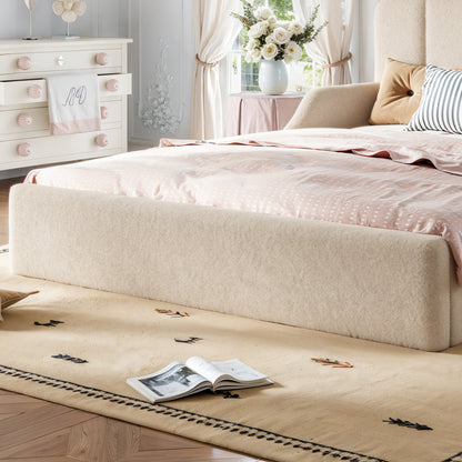 Queen Teddy Fabric Upholstered Floor bed, Stylish Upholstered Kids bed, Low Profile Children Bed Frame, Soft Plush Upholstered Floor bed for Kids &Teens.Beige