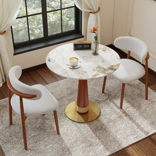 Φ850mm circular rock plate, 12mm Pandora desktop, walnut small waist rattan decorative column, golden base, 2 - person table for small space, 150lbs weight capacity(Only the Negotiation Table)