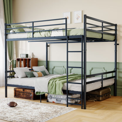 Queen-size heavy-duty bunk bed with ladder and high guardrails, 20 crossbars, minimum load capacity of 880 lbs per bunk, can be split into two double beds, includes storage space, black.